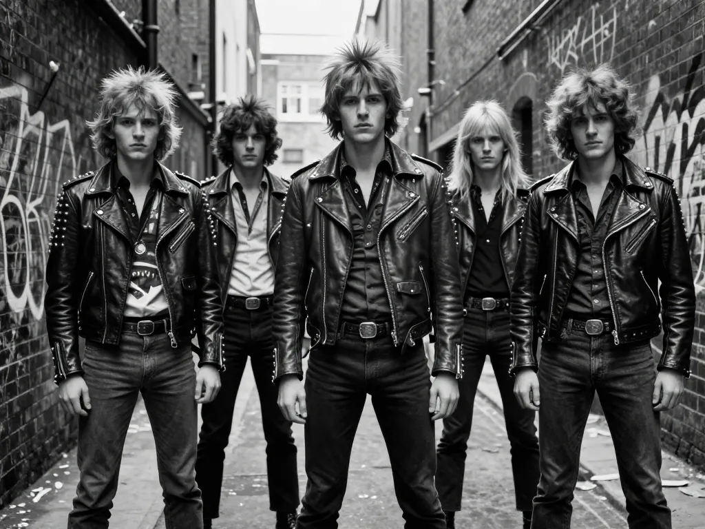 Groupe de jeunes rebelles au look punk dans une ruelle urbaine sombre des années soixante-dix avec des blousons en cuir et des coiffures emblématiques.