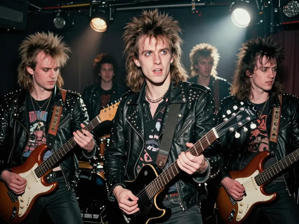 Un groupe de musique punk rock des années 80 sur scène dans un club sombre avec une ambiance énergique et rebelle.