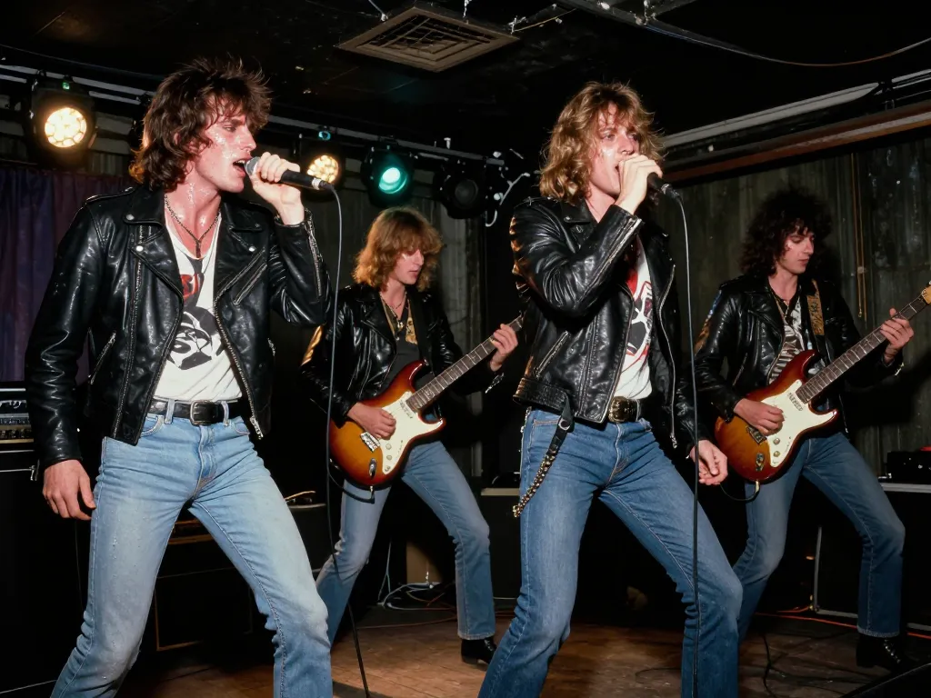 Un groupe de punk rock iconique en pleine performance sur une scène de club avec des éclairages contrastés.