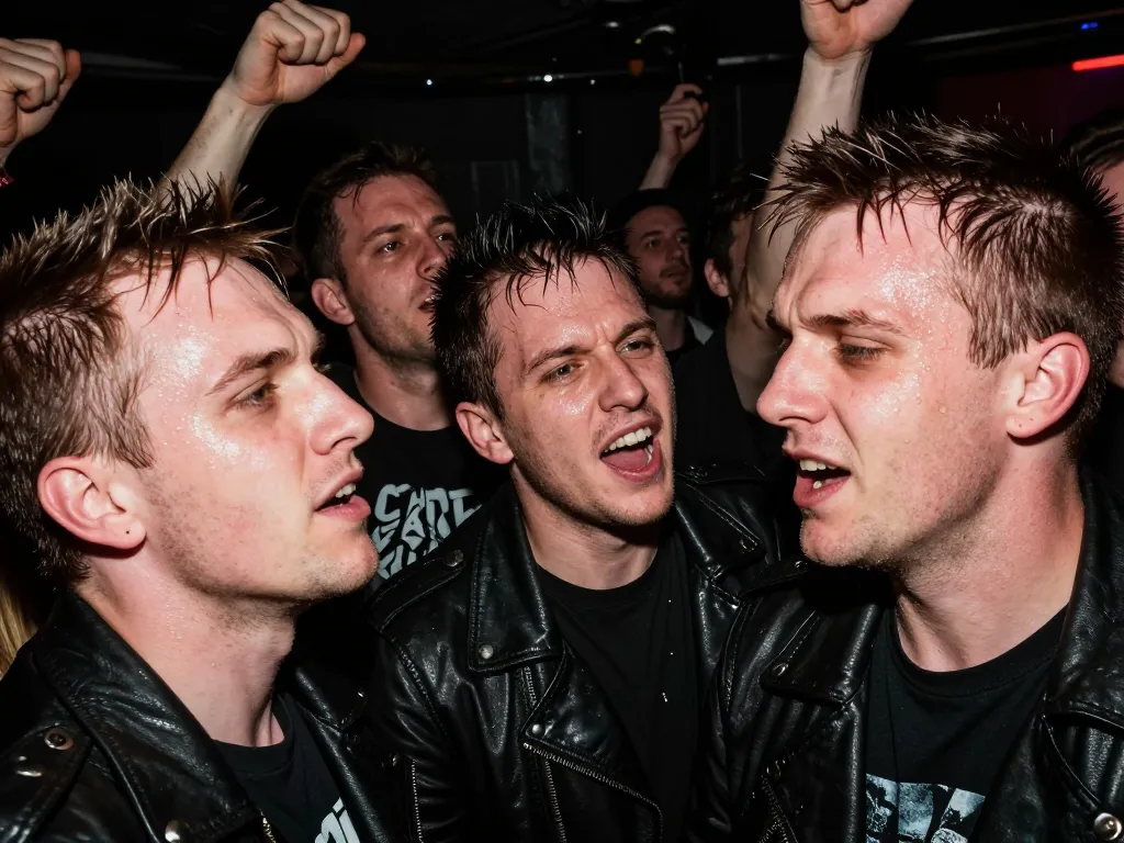 Foule de fans de punk rock en plein pogo intense dans un club underground avec des jeux de lumière contrastés et de la sueur.