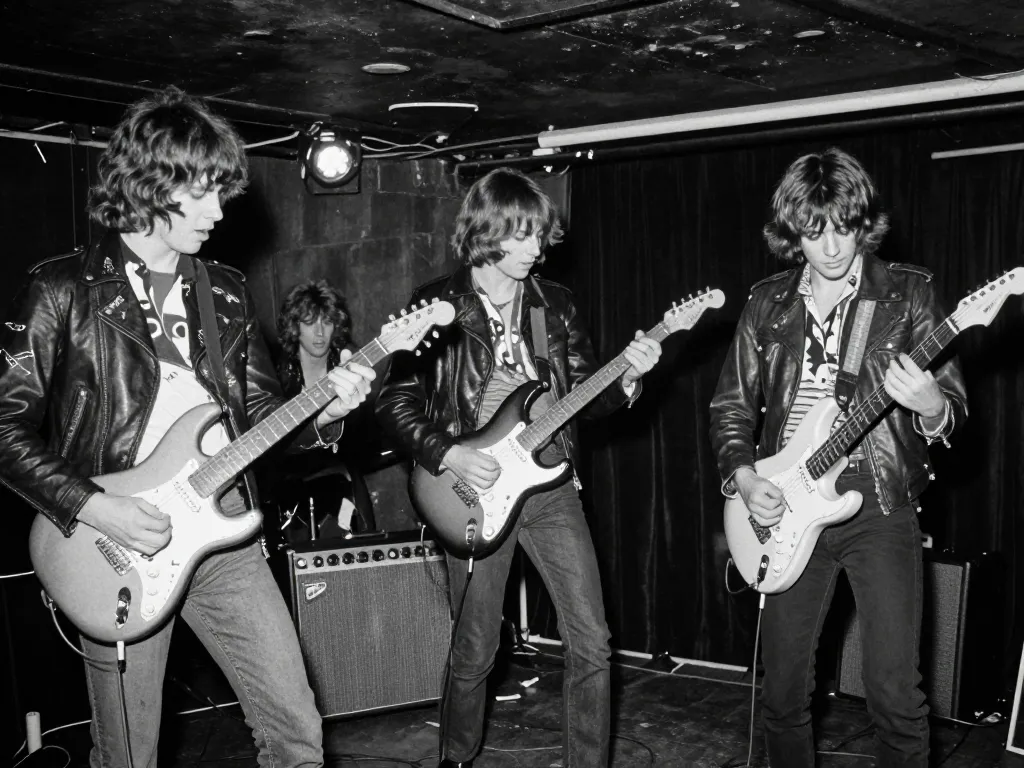 Groupe de jeunes musiciens rebelles jouant sur une petite scène underground en 1976, ambiance rock brut et proto punk naissant.