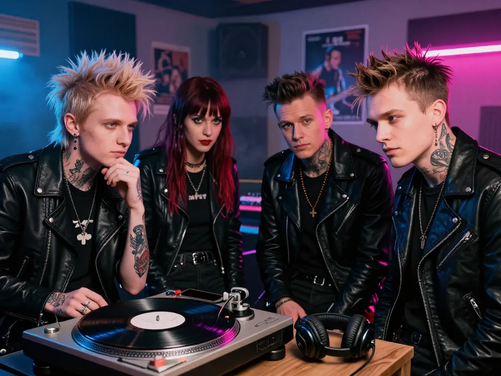 Un groupe de musiciens punks dans un studio moderne avec un tourne-disque et du matériel récent, illustrant l'héritage et le futur du rock.