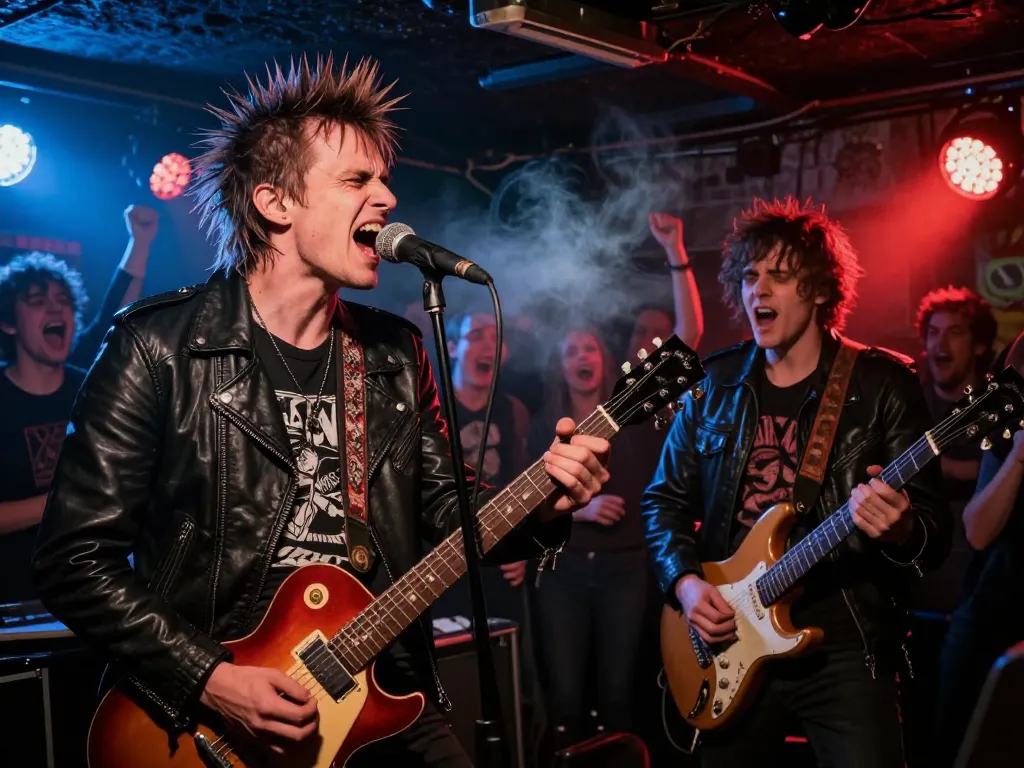 Un chanteur et un guitariste punk en plein concert dans un club souterrain parisien, éclairés par des projecteurs colorés devant un public passionné.