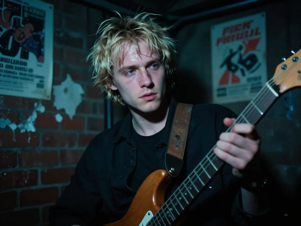 Portrait d'un jeune musicien blond au regard intense avec une guitare électrique dans un club de rock sombre.